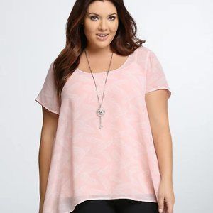 Torrid Pink Feather Print Sharkbite Blouse